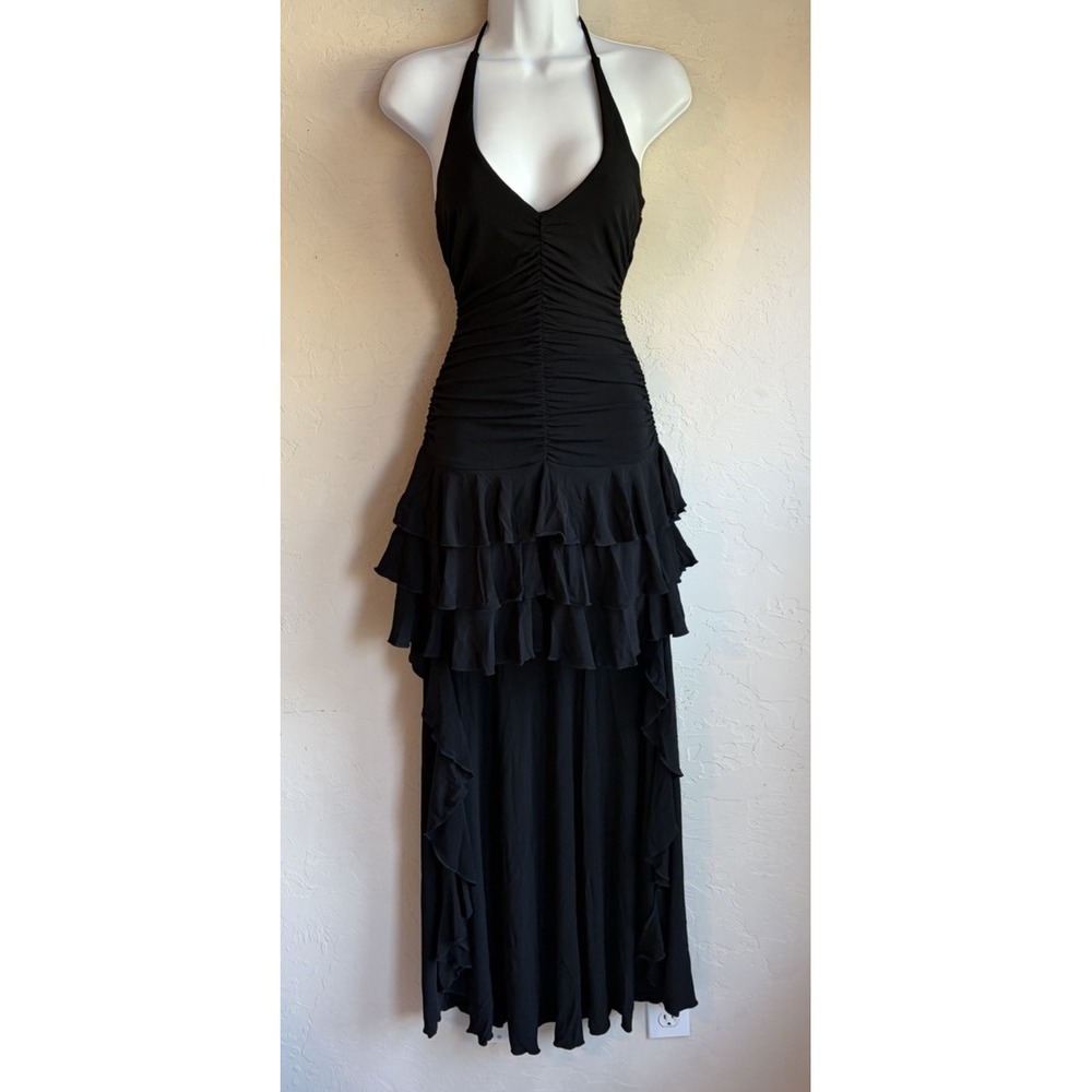 Vintage 90s Y2K Black Halter Ruched Ruffle Maxi Dress S NWT Train Cyber Goth